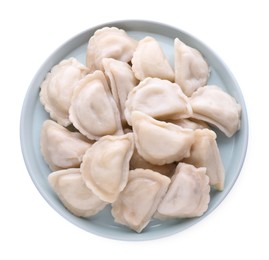 Photo of Plate with tasty dumplings (varenyky) on white background, top view