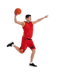 Photo of Professional sportsman playing basketball on white background