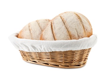 Photo of Wicker basket with fresh bread isolated on white