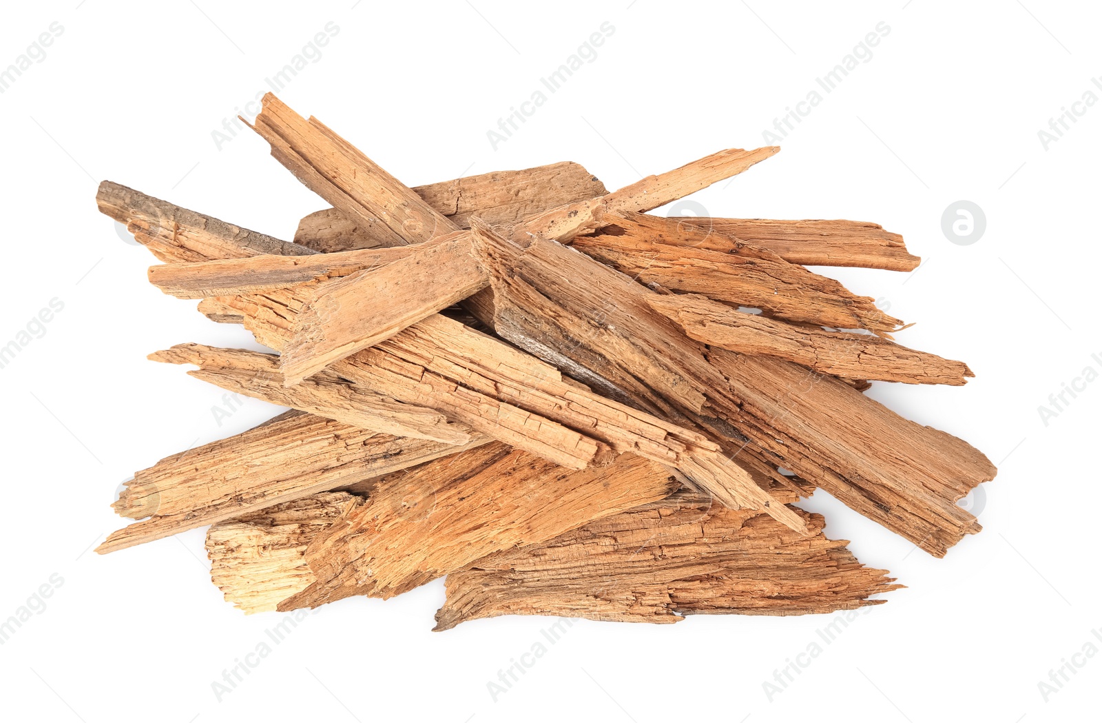 Photo of Pieces of tree bark isolated on white, top view