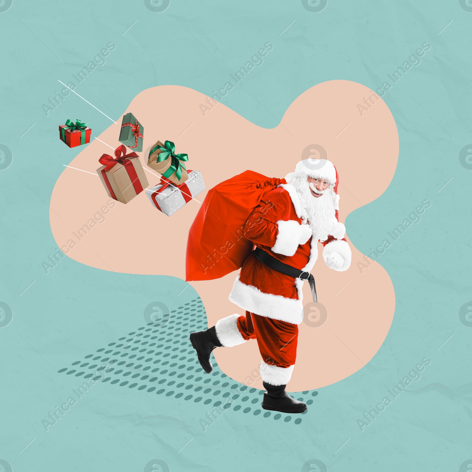 Image of Christmas art collage with hurrying Santa Claus. Gift boxes flying out from his red sack on color background