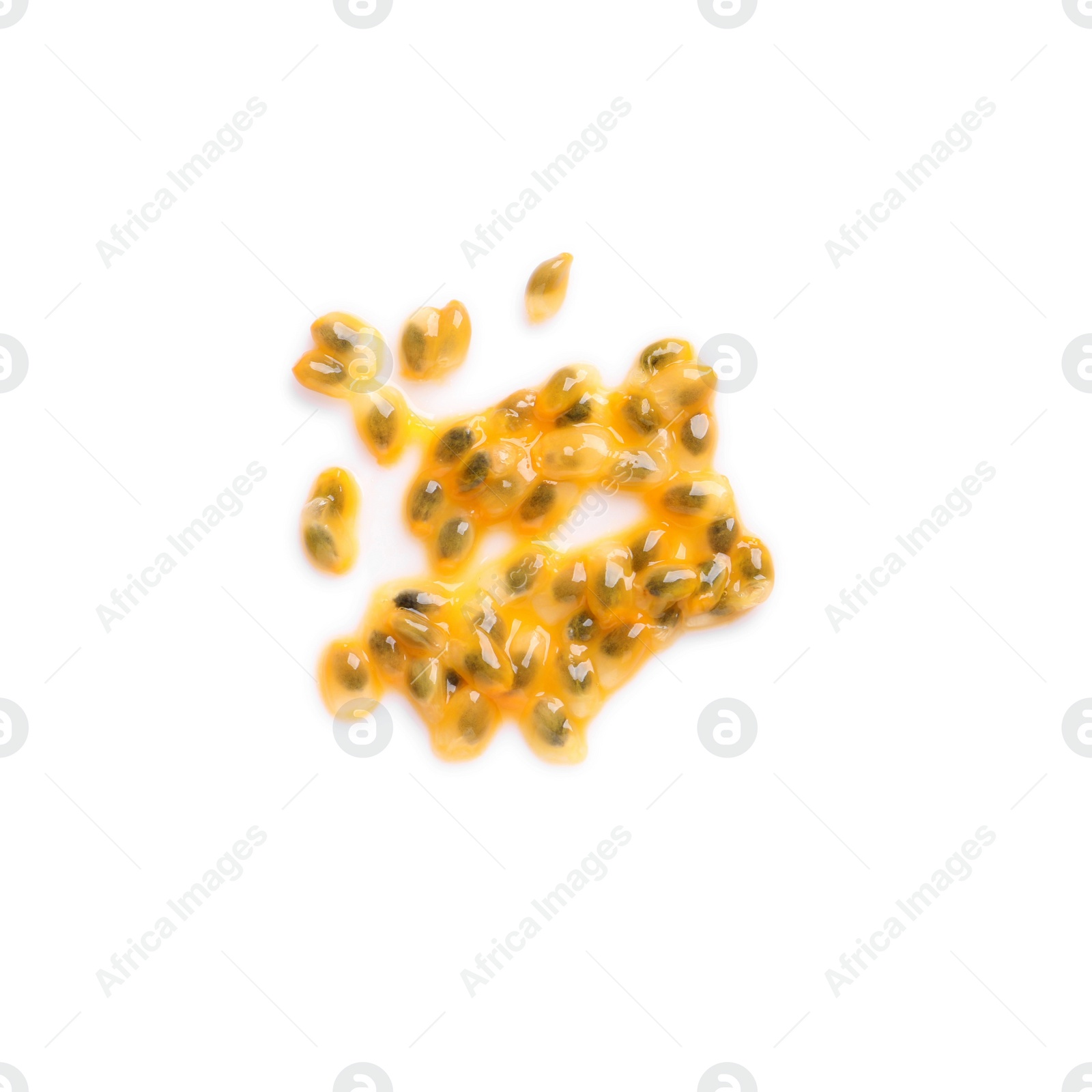 Photo of Passion fruit seeds on white background, top view