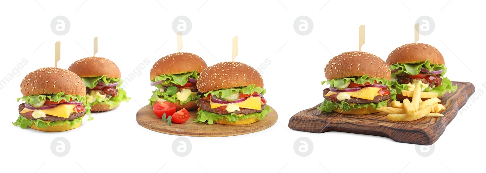 Image of Collage with delicious burgers on white background