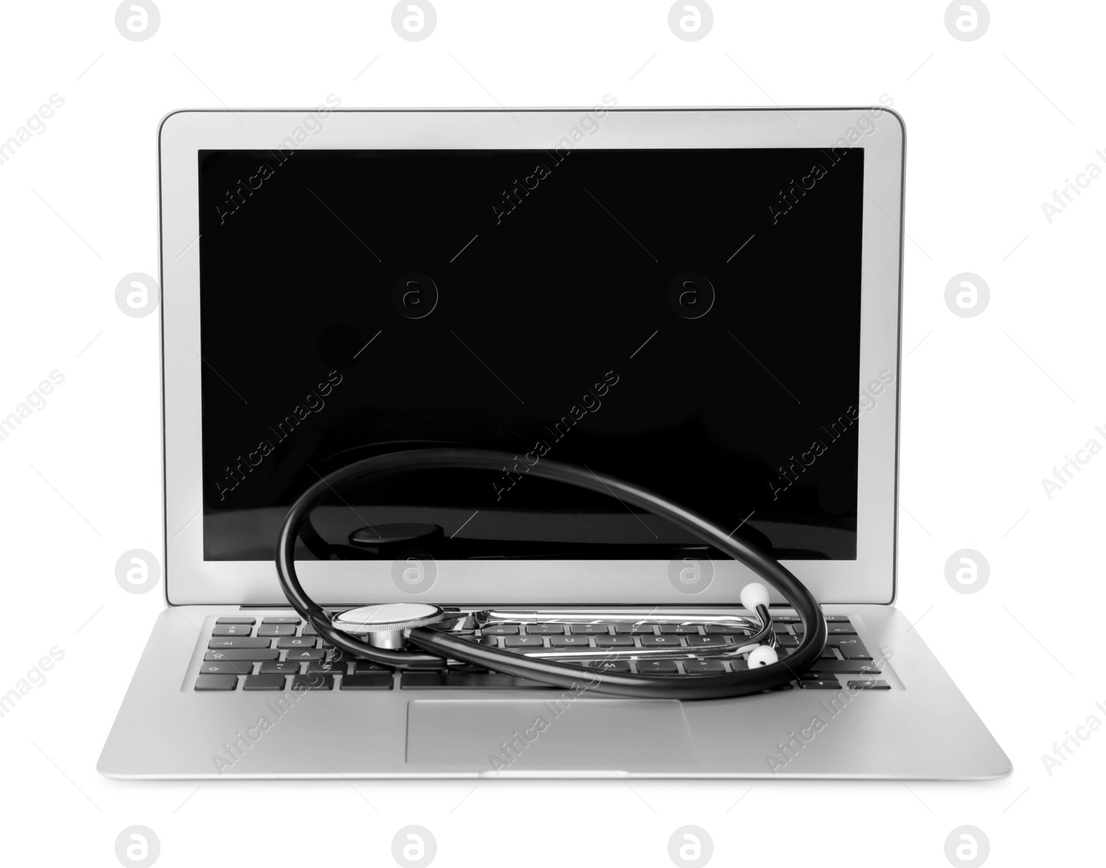 Photo of Laptop with blank screen and stethoscope on white background. Computer repair