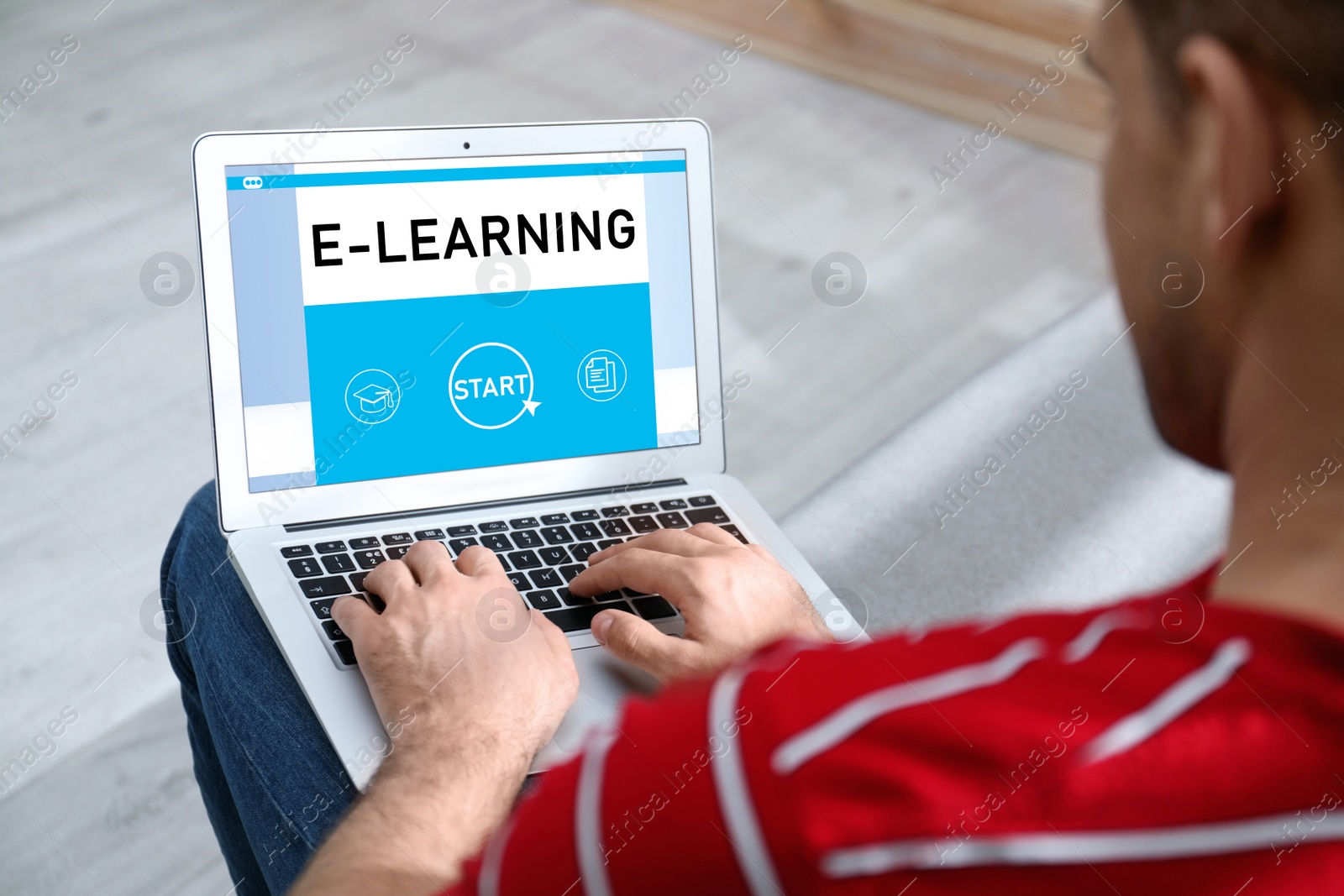 Image of Man using laptop for online studying indoors, closeup. Adult education 