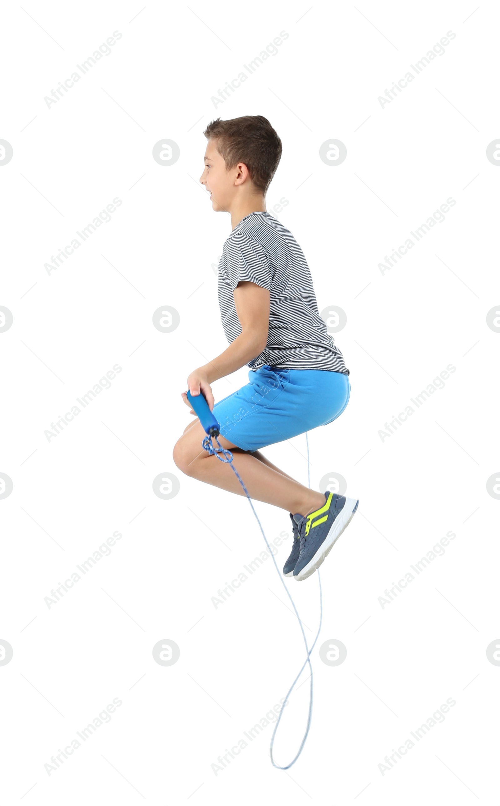 Photo of Active boy jumping rope on white background