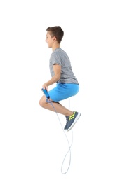 Photo of Active boy jumping rope on white background