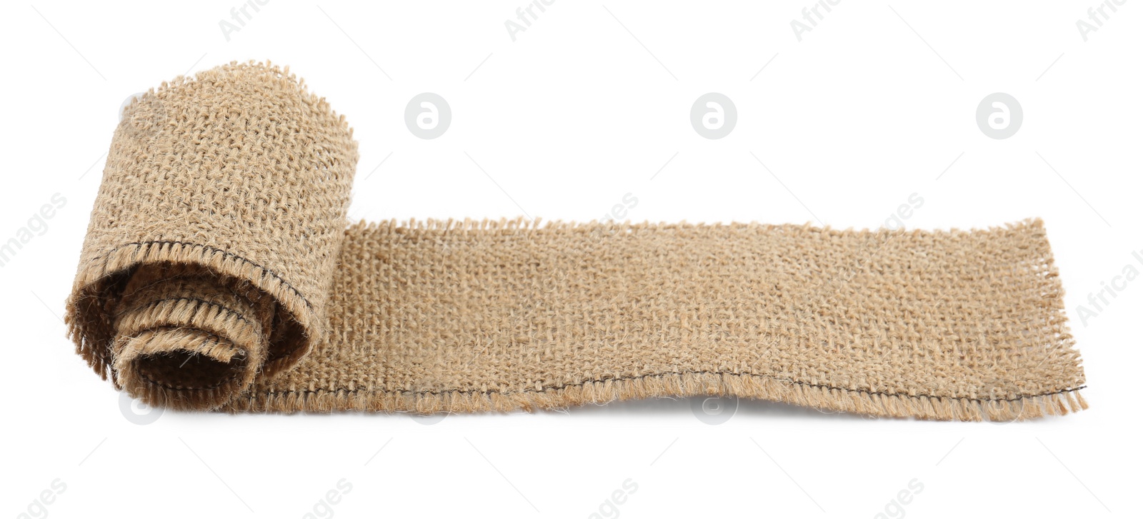 Photo of Unrolled piece of burlap isolated on white