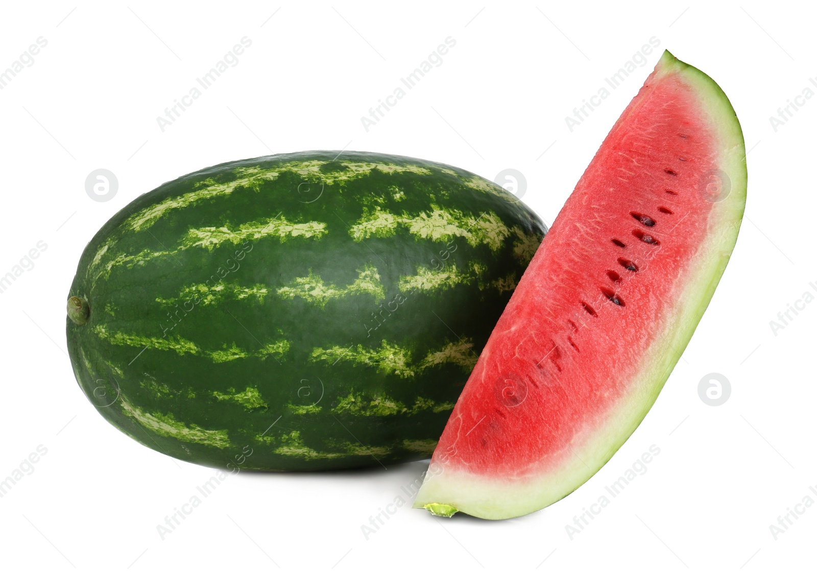 Photo of Delicious whole and cut watermelons isolated on white