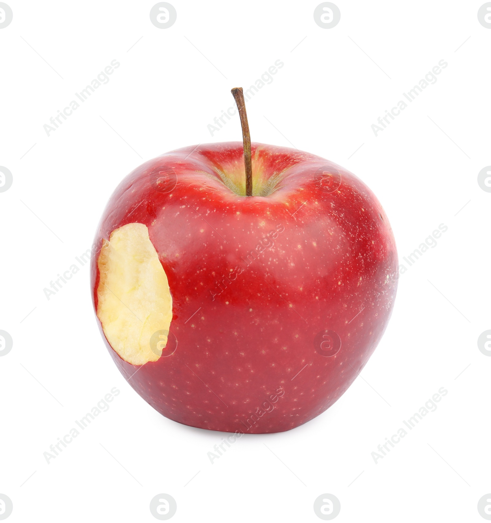 Photo of Ripe juicy red apple with bite mark on white background