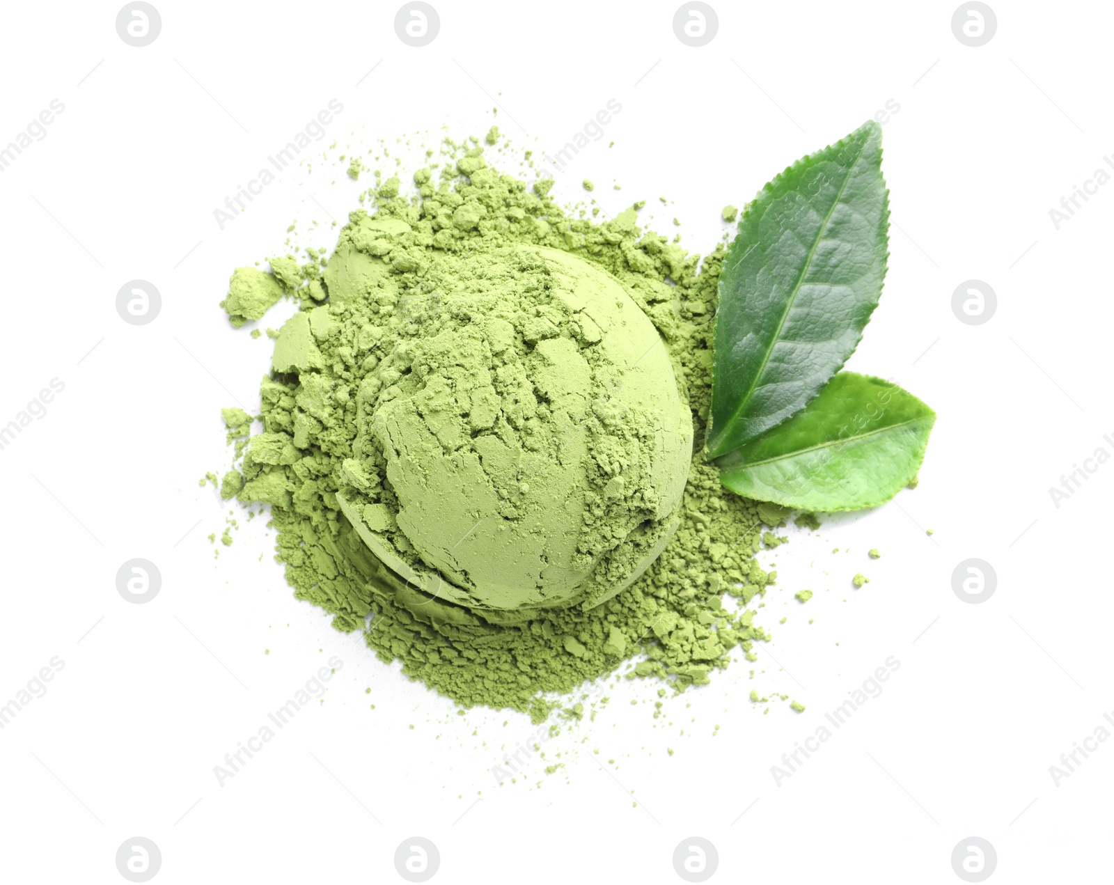 Photo of Pile of green matcha powder and fresh leaves isolated on white, top view