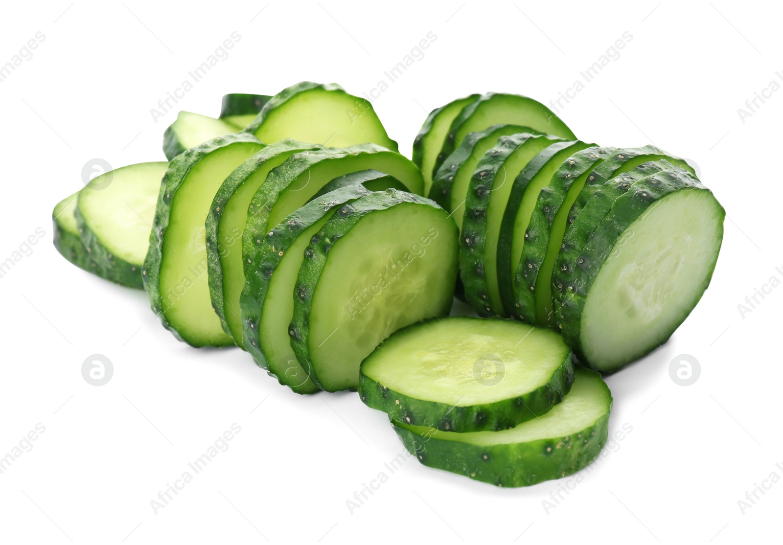 Photo of Slices of fresh ripe cucumber isolated on white