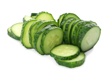 Photo of Slices of fresh ripe cucumber isolated on white