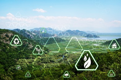 Image of Digital eco icons and beautiful mountains on sunny day