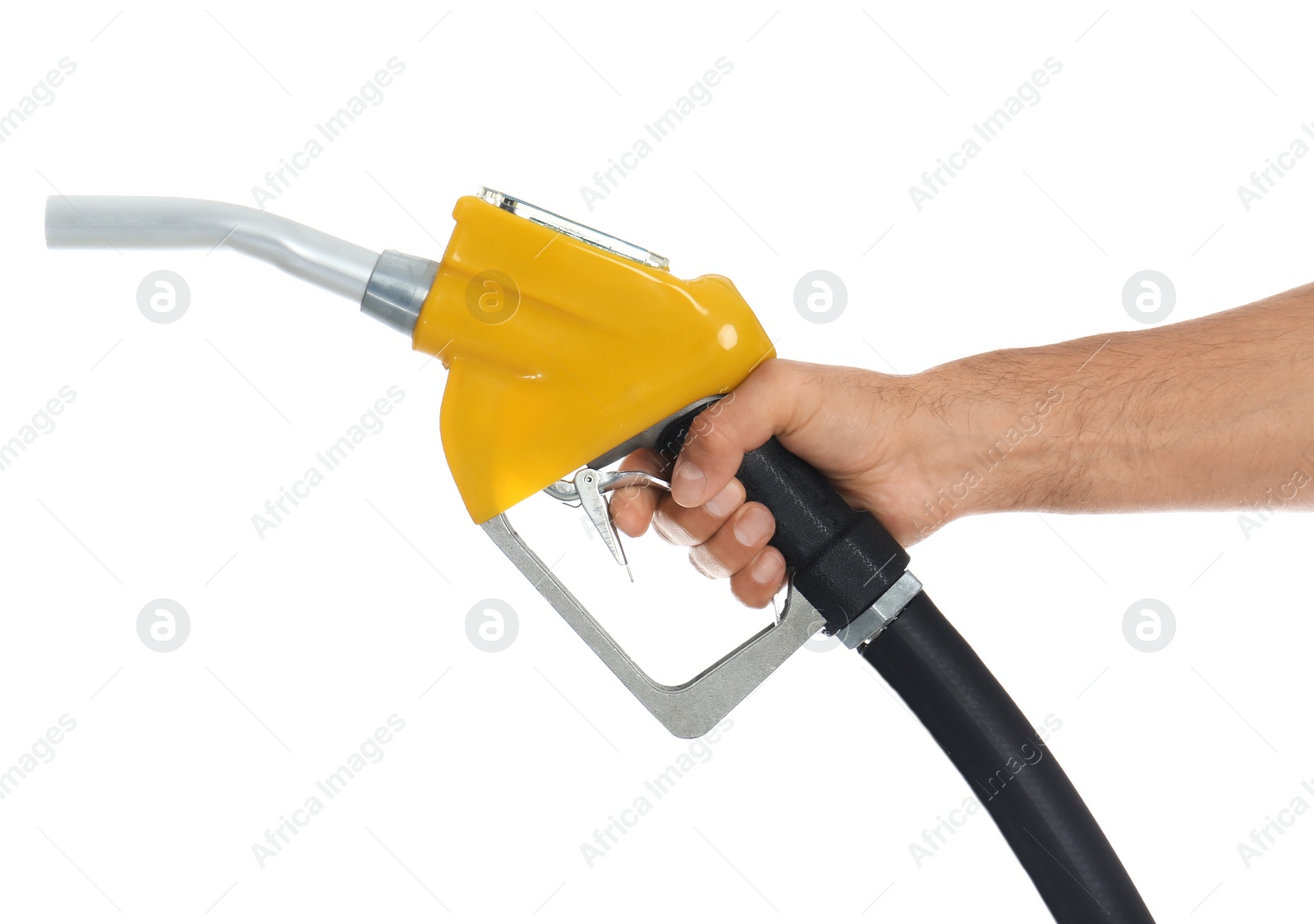 Photo of Gas station worker with fuel nozzle on white background, closeup