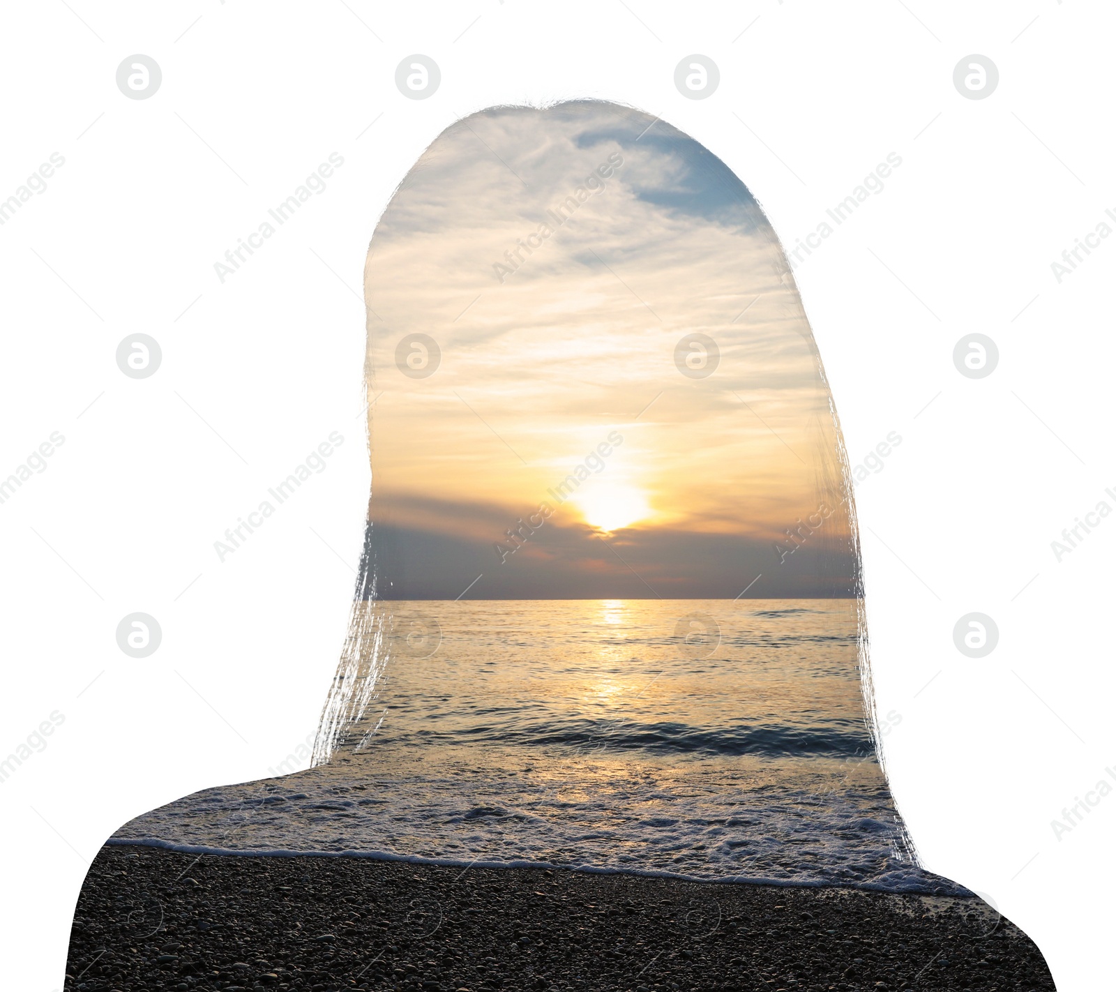 Image of Silhouette of woman and beautiful seascape at sunset on white background, double exposure