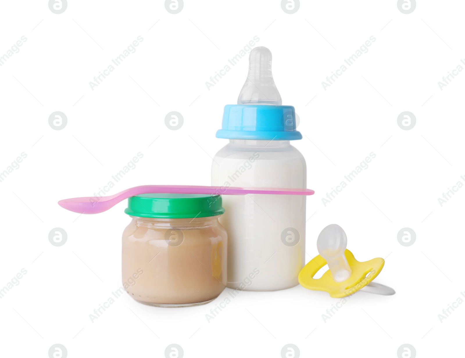 Photo of Healthy baby food, bottle with milk and pacifier on light grey background