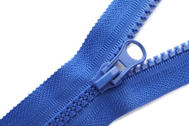 Photo of Blue zipper on white background, top view