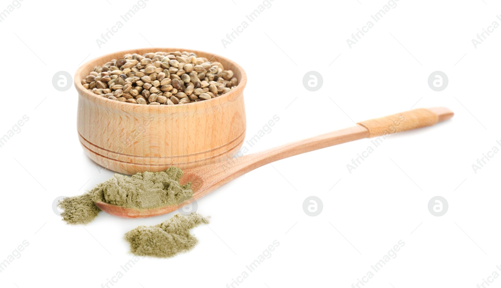 Photo of Spoon with hemp protein powder and bowl of seeds on white background