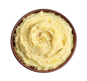 Photo of Bowl of tasty mashed potatoes with black pepper isolated on white, top view