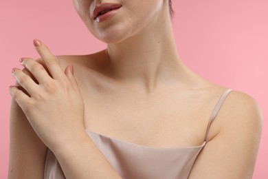 Photo of Beauty concept. Woman on pink background, closeup