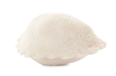 Photo of Raw dumpling with tasty filling on white background