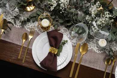 Photo of Stylish elegant table setting for festive dinner, flat lay