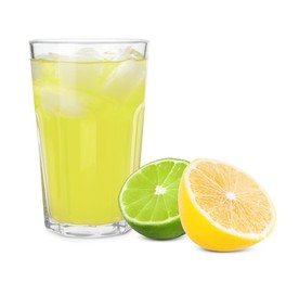 Image of Glass with tasty lemonade and fresh ripe citrus fruits on white background