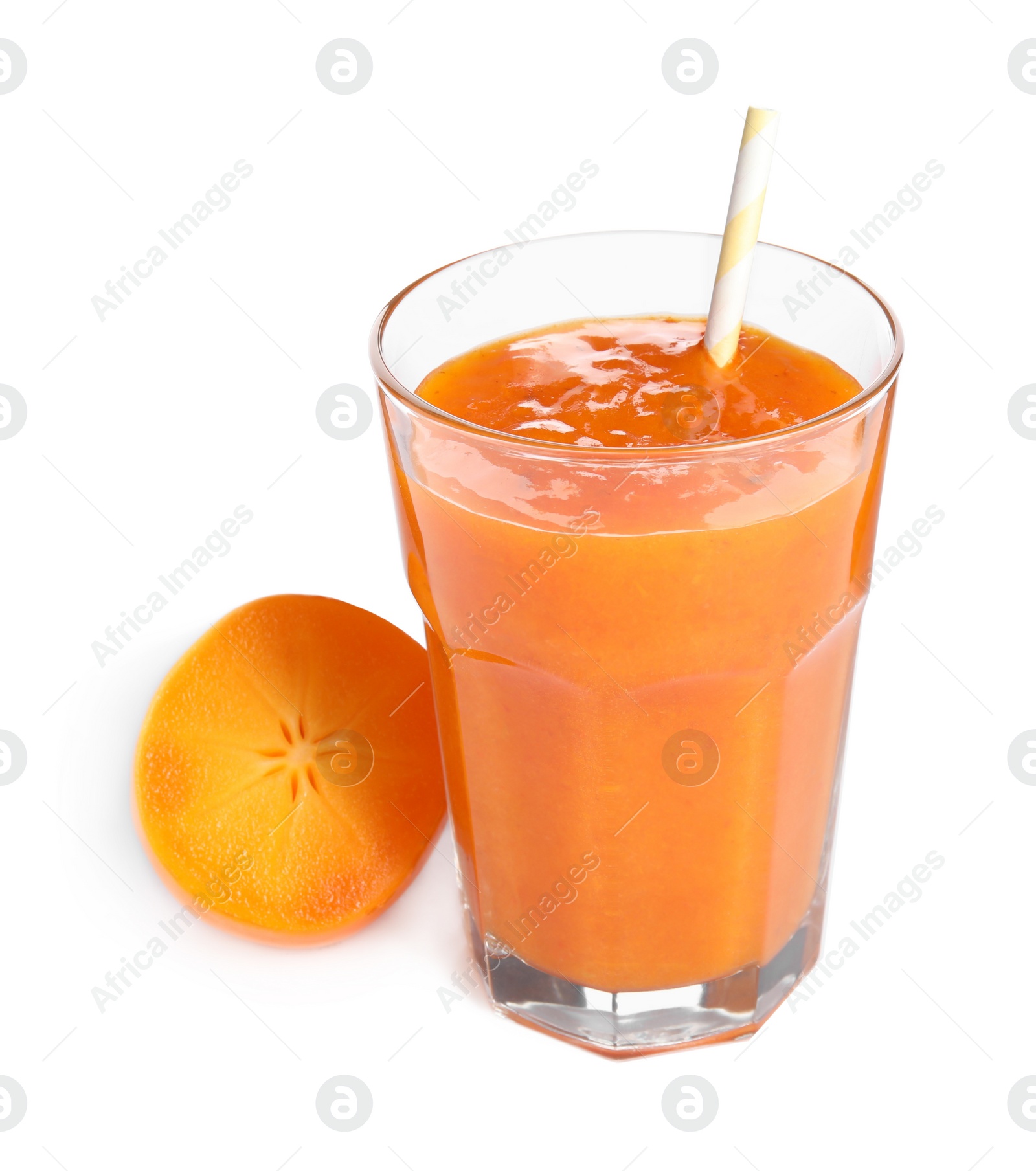 Photo of Tasty persimmon smoothie with straw and fresh fruit isolated on white