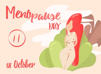 18 October - World Menopause Day. Card with woman illustration and pause button