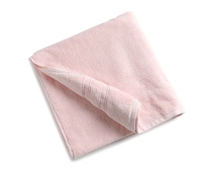 Photo of Folded soft terry towel on white background, top view