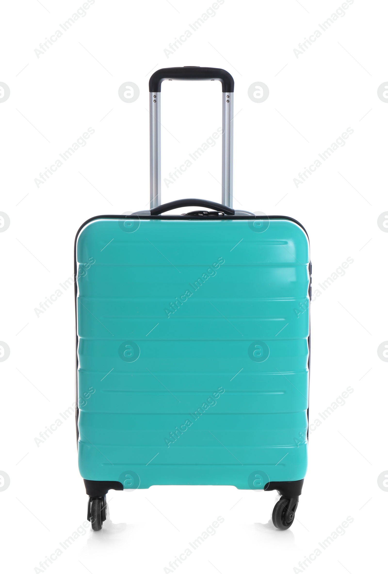 Photo of Modern suitcase for travelling on white background