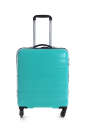 Modern suitcase for travelling on white background