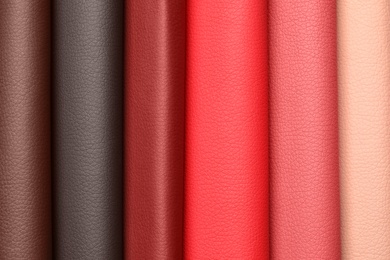 Photo of Leather samples of different colors for interior design as background