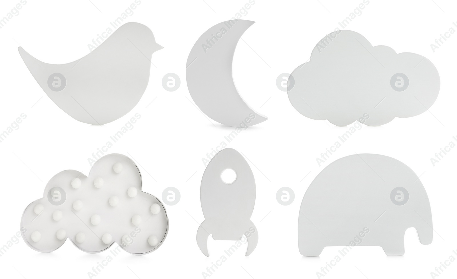 Image of Set with different cute child's night lamps on white background 