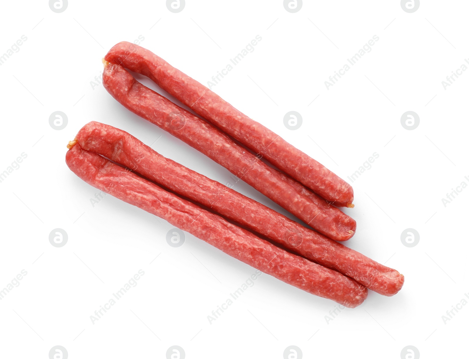 Photo of Tasty sausages on white background, top view. Meat product