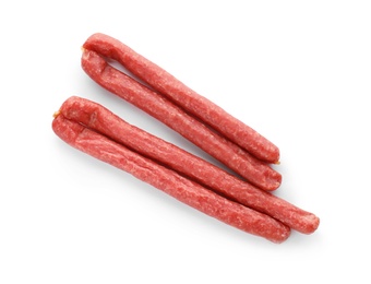 Tasty sausages on white background, top view. Meat product