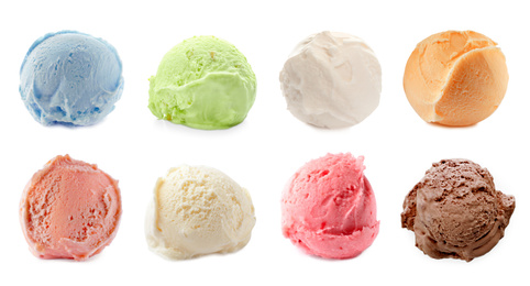 Image of Set with scoops of different ice creams on white background. Banner design