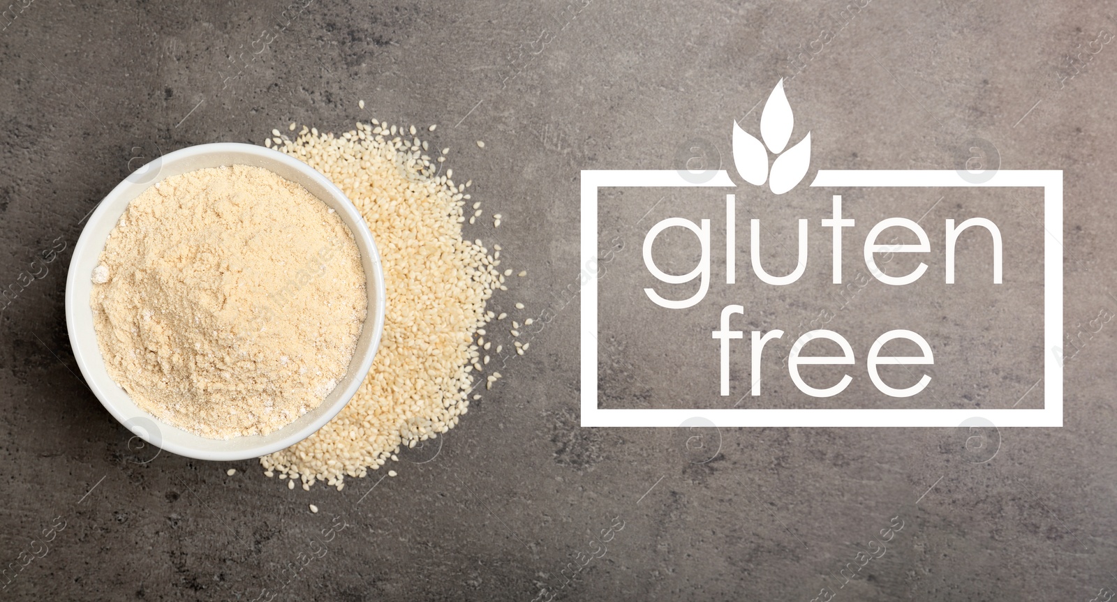 Image of Gluten free products. Bowl with sesame flour and text on grey table, top view