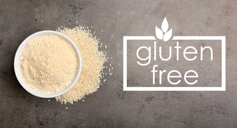 Image of Gluten free products. Bowl with sesame flour and text on grey table, top view