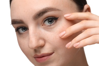 Makeup product. Woman with black eyeliner and beautiful eyebrows on white background, closeup