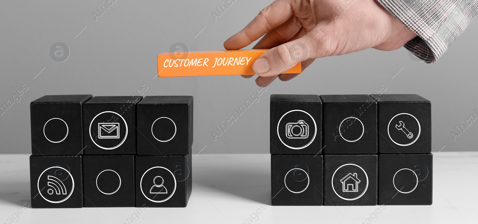 Image of Woman building bridge with blocks at table, banner design. Customer journey concept