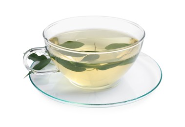 Refreshing green tea in cup and leaves isolated on white