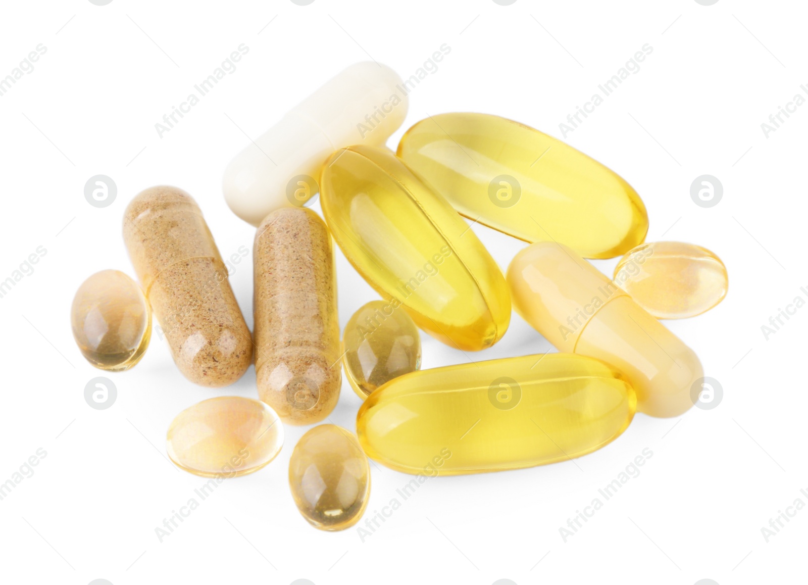 Photo of Many different vitamin capsules isolated on white