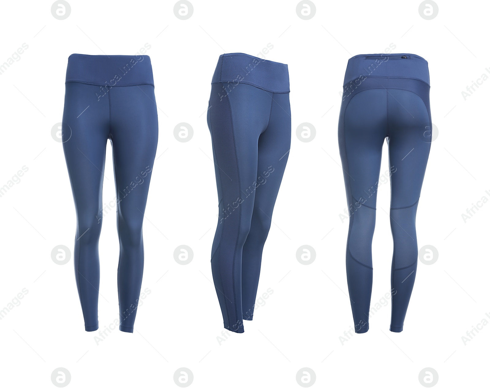 Image of Comfortable sportswear. Collage with dark blue sports leggings on white background, different sides