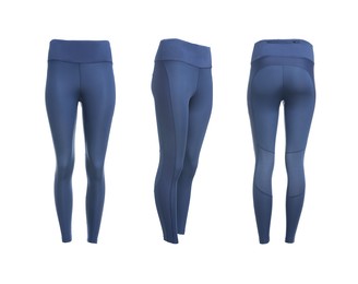 Comfortable sportswear. Collage with dark blue sports leggings on white background, different sides