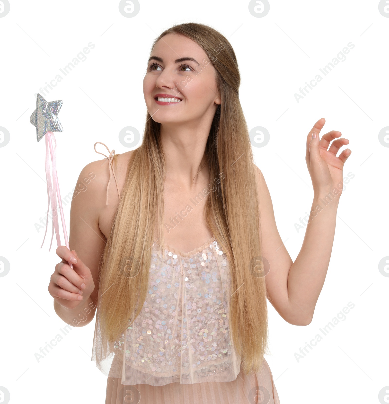 Photo of Beautiful girl in fairy costume with magic wand on white background