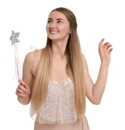 Beautiful girl in fairy costume with magic wand on white background