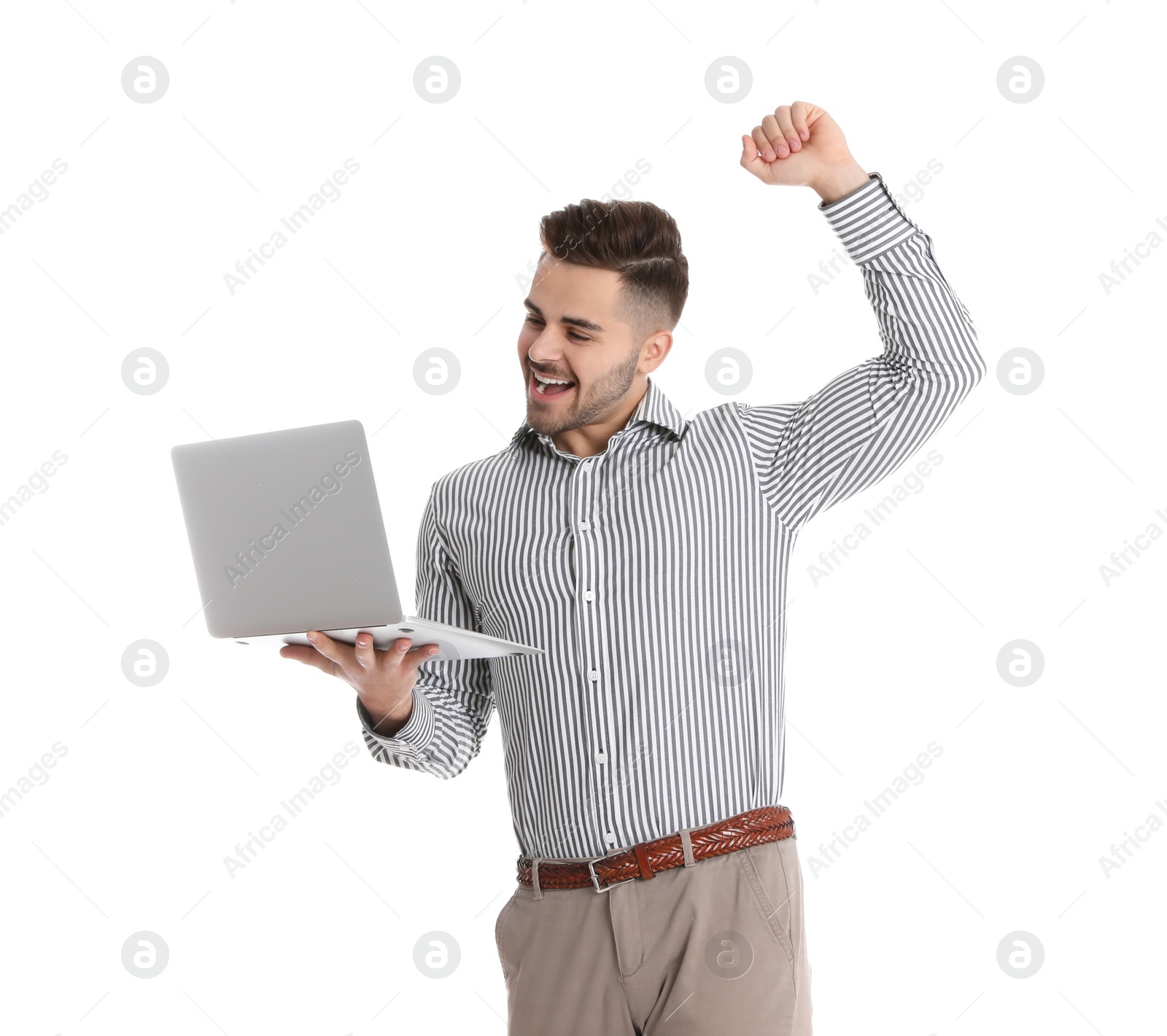 Photo of Emotional man with laptop on white background