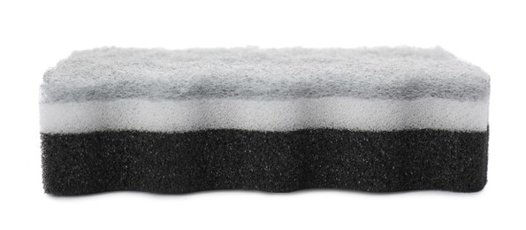 Layered cleaning sponge with abrasive scourer isolated on white